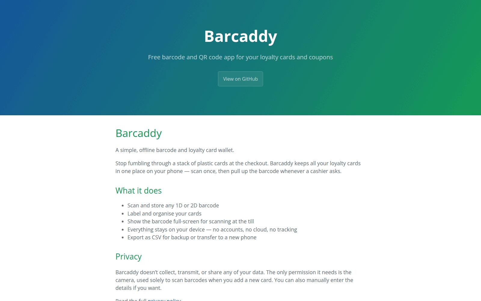The Barcaddy project page — a free barcode and QR code app for loyalty cards and coupons