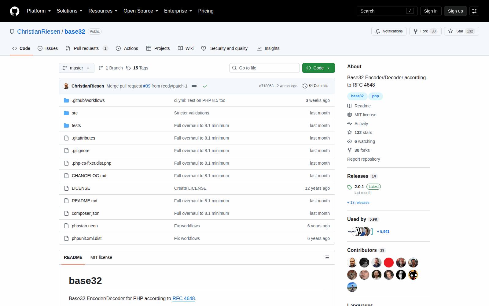 The base32 repository on GitHub — Base32 encoder/decoder for PHP according to RFC 4648